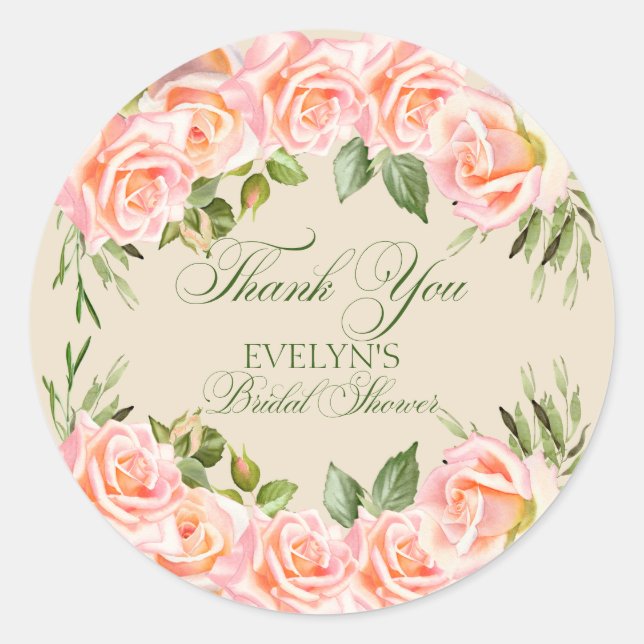 Pegatina Redonda Gracias Watercolor Floral Bridal Shower (Anverso)