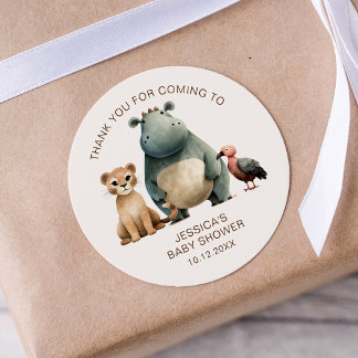 Pegatina Redonda Gracias Watercolor Lion Hippo Bird Baby Shower