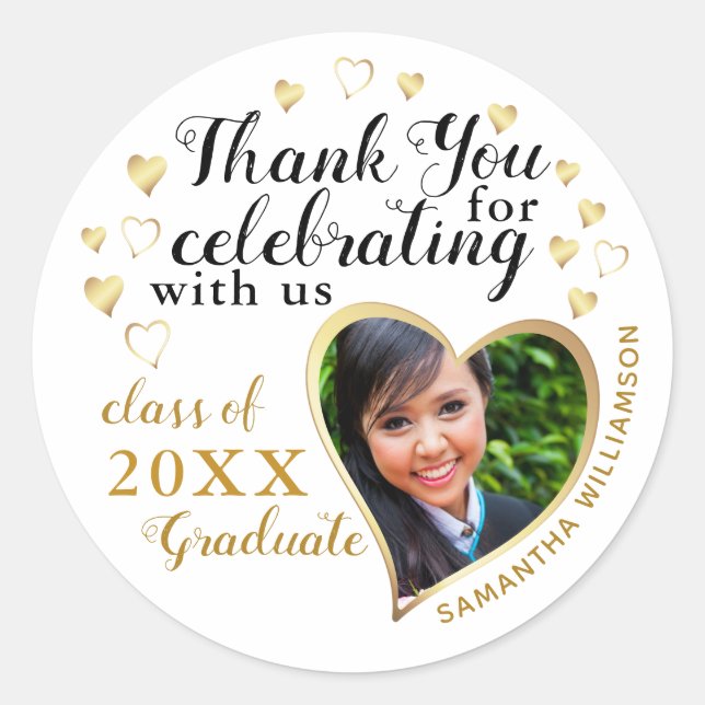 Pegatina Redonda Gracias, White Gold Photo 2025 Graduation Favor (Anverso)