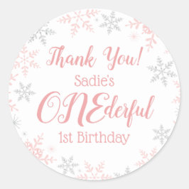 Pegatina Redonda Gracias Winter ONEderland Copos de nieve de plata