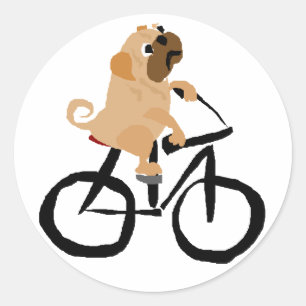 Pegatina Redonda Graciosa Bicicleta De Montar Perro Pug Puppy