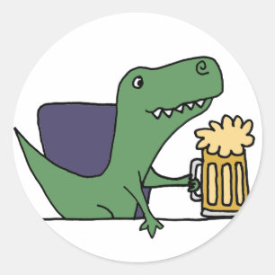 Pegatina Redonda Graciosa cerveza verde T-Rex dinosaurio que bebe c