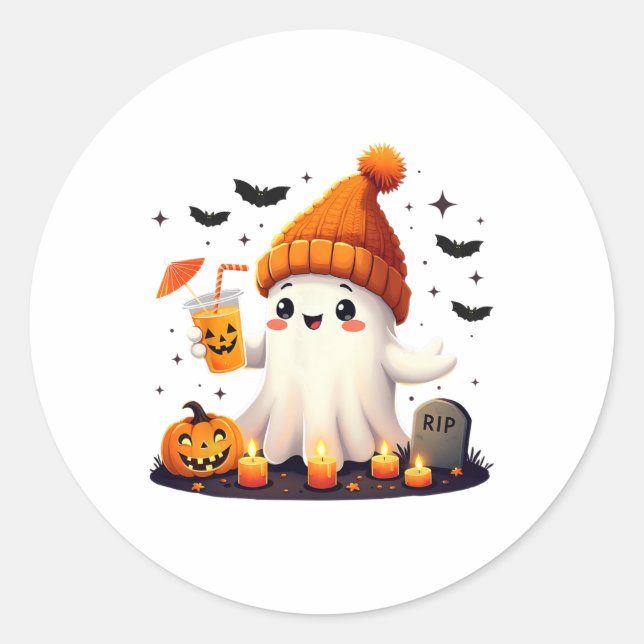 Pegatina Redonda Graciosa Halloween dulce fantasma que bebe café de (Anverso)