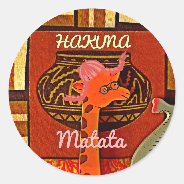 Pegatina Redonda Graciosa jirafa con texto fresco Hakuna Matata (Anverso)