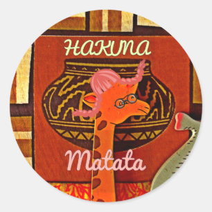 Pegatina Redonda Graciosa jirafa con texto fresco Hakuna Matata