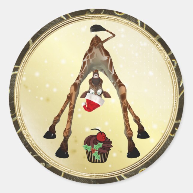Pegatina Redonda Graciosa jirafa y tarta pegatinas navideñas (Anverso)