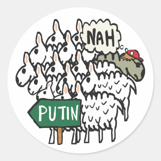Pegatina Redonda Graciosa oveja anti Putin (Anverso)