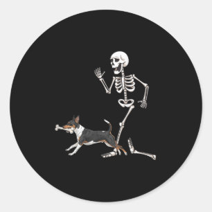 Pegatina Redonda Graciosa Rat Terrier Y Skeleton De Halloween