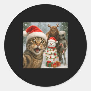Pegatina Redonda Graciosa Selfie De Gato Navidad Con Alienígenas Y