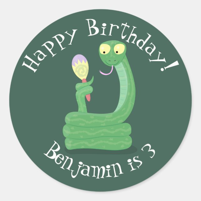 Pegatina Redonda Graciosa serpiente verde con maraca personalizado (Anverso)