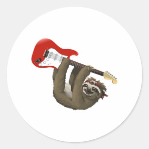 Pegatina Redonda Graciosa Sloth Tocando Guitarra Rockstar