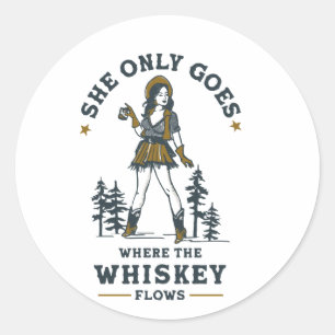 Pegatina Redonda Graciosa Vintage Western Cowgirl Whiskey Lover