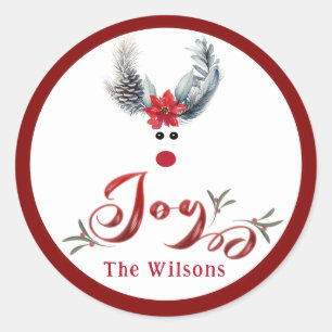 Pegatina Redonda Graciosa y caprichosa alegría del reno de la poins