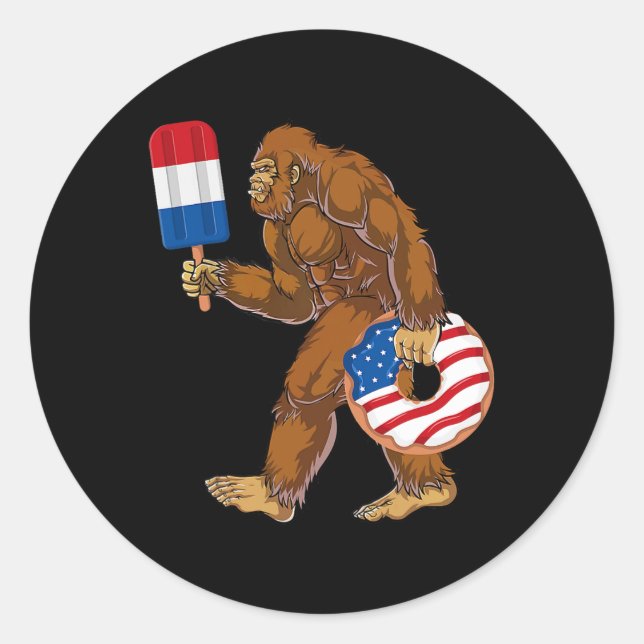 Pegatina Redonda Gracioso 4 De Julio Gran Pisón Sasquatch Bandera E (Anverso)