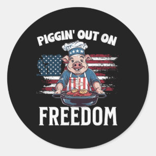 Pegatina Redonda Gracioso 4 De Julio Pig Grilling Bbq Fiesta Rbecue
