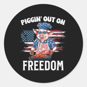 Pegatina Redonda Gracioso 4 De Julio Pig Grilling Bbq Fiesta Rbecue