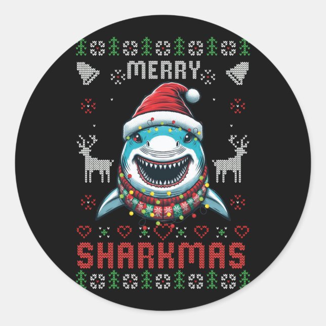 Pegatina Redonda Gracioso amargo Sharkmas Navidades feos vestido de (Anverso)
