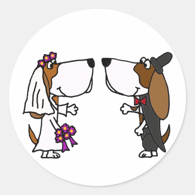 Pegatina Redonda Gracioso basset Hound Bride y Groom Boda Art (Anverso)