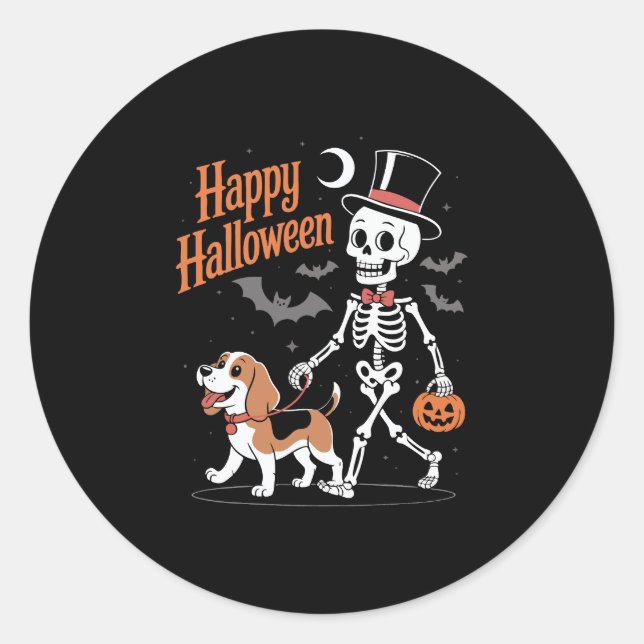 Pegatina Redonda Gracioso Beagle Skeleton Dog Walking (Anverso)