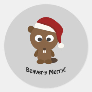 Pegatina Redonda ¡Gracioso Beaver-y Merry! Santa Beaver