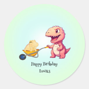 Pegatina Redonda Gracioso carrito de paja de dinosaurio Niños de cu