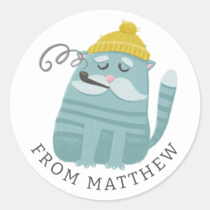 Pegatina Redonda Gracioso Cat Fisherman & Sailor. Partido Náutico F