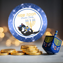 Pegatina Redonda Gracioso Cat Gold Menorah Dreidel Hebrew Hanukkah