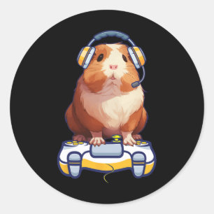 Pegatina Redonda Gracioso Cerdo Y Video Gamer Lover Fluffy Cavy