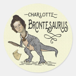 Pegatina Redonda Gracioso Charlotte Bronte Saurus Lector de Libros