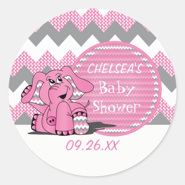 Pegatina Redonda Gracioso Chevron Rosa Silly Elephant (Anverso)
