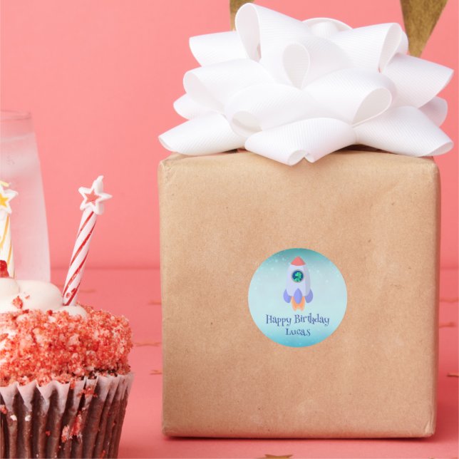 Pegatina Redonda Gracioso cohete de dinosaurios T-rex niño de la es (Fiesta)