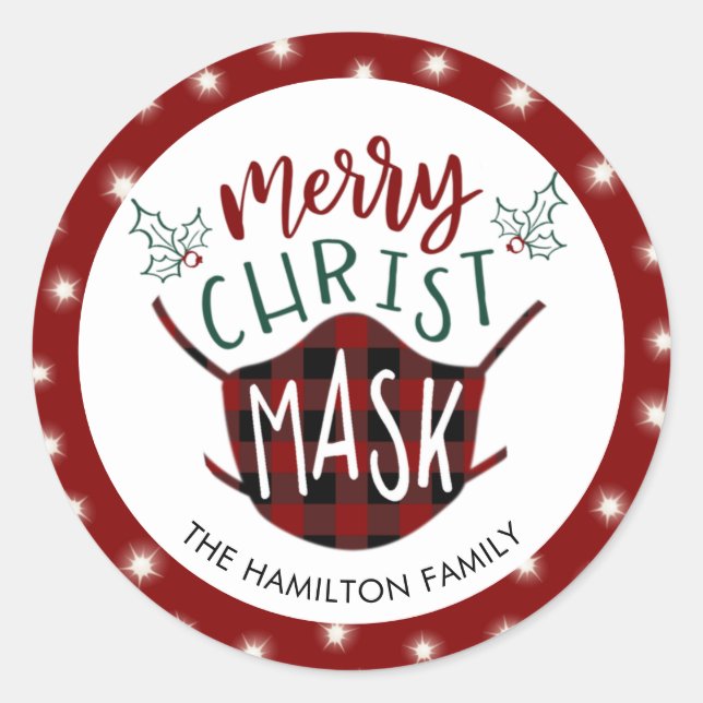 Pegatina Redonda Gracioso COVID MERRY ChristMASK Búfalo Check (Anverso)