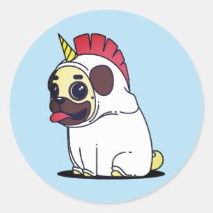 Pegatina Redonda Gracioso deseo ser perro de traje de unicornio pug