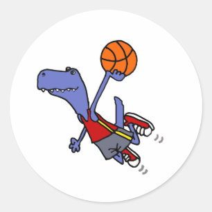 Pegatina Redonda Gracioso dinosaurio T-rex jugando básquetbol