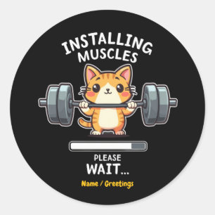 Pegatina Redonda Gracioso gatito de halterofilia con humor
