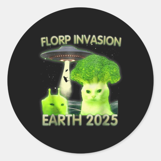 Pegatina Redonda Gracioso gato Alien Meme Florp Invasion Earth 2025 (Anverso)
