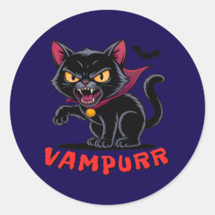 Pegatina Redonda Gracioso gato de vampiros de Vampurr Halloween Pun