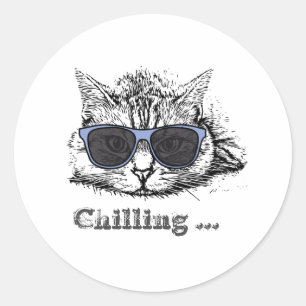 Pegatina Redonda Gracioso Gato Escalofriante Con Gafas De Sol Cuest