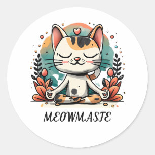 Pegatina Redonda Gracioso gato espiritual curado meditando "MASTE D