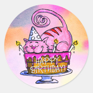 Pegatina Redonda Gracioso gato Feliz pastel de cumpleaños y velas