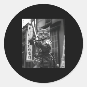 Pegatina Redonda Gracioso gato japonés samurai meme artes marciales