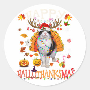 Pegatina Redonda Gracioso gato Navidades de Halloween felino feliz