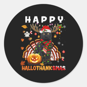 Pegatina Redonda Gracioso Gato Negro Halloween Navidades Cat Happy 