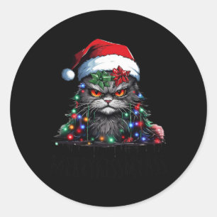 Pegatina Redonda Gracioso Gato Negro Merry Kissmy Xmas Luz Pajamas 