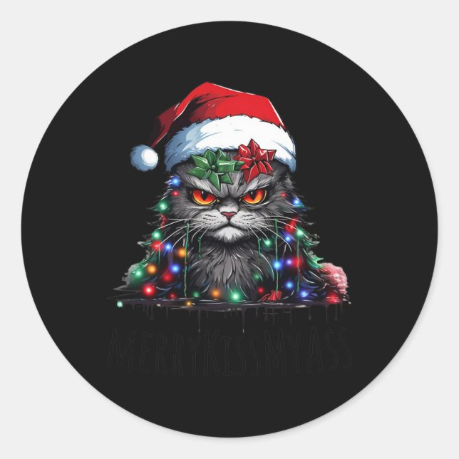 Pegatina Redonda Gracioso Gato Negro Merry Kissmy Xmas Luz Pajamas  (Anverso)