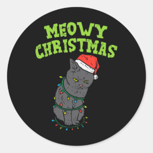 Pegatina Redonda Gracioso gato negro Navidades miowy Graciosos gato