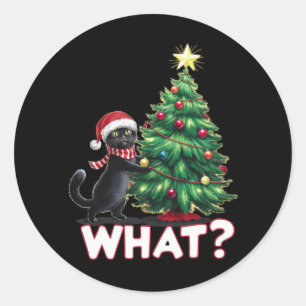 Pegatina Redonda Gracioso gato negro qué es el árbol de Navidad