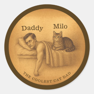 Pegatina Redonda Gracioso gato papá durmiendo Ilustracion