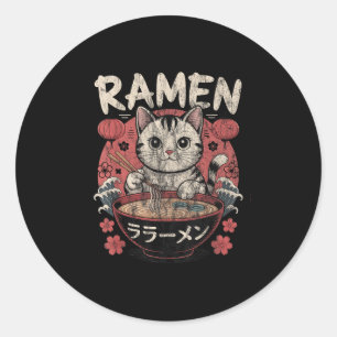 Pegatina Redonda Gracioso gato Ramen Tee japonés Kawaii Anime