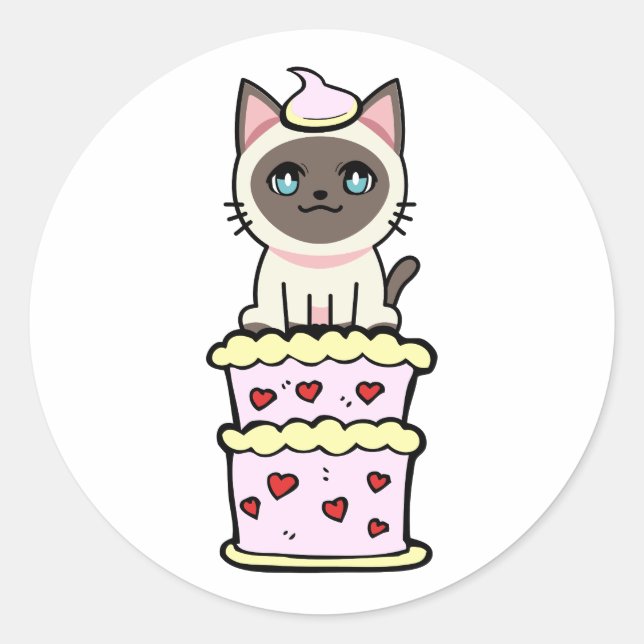 Pegatina Redonda Gracioso gato siamés saltando de un pastel (Anverso)